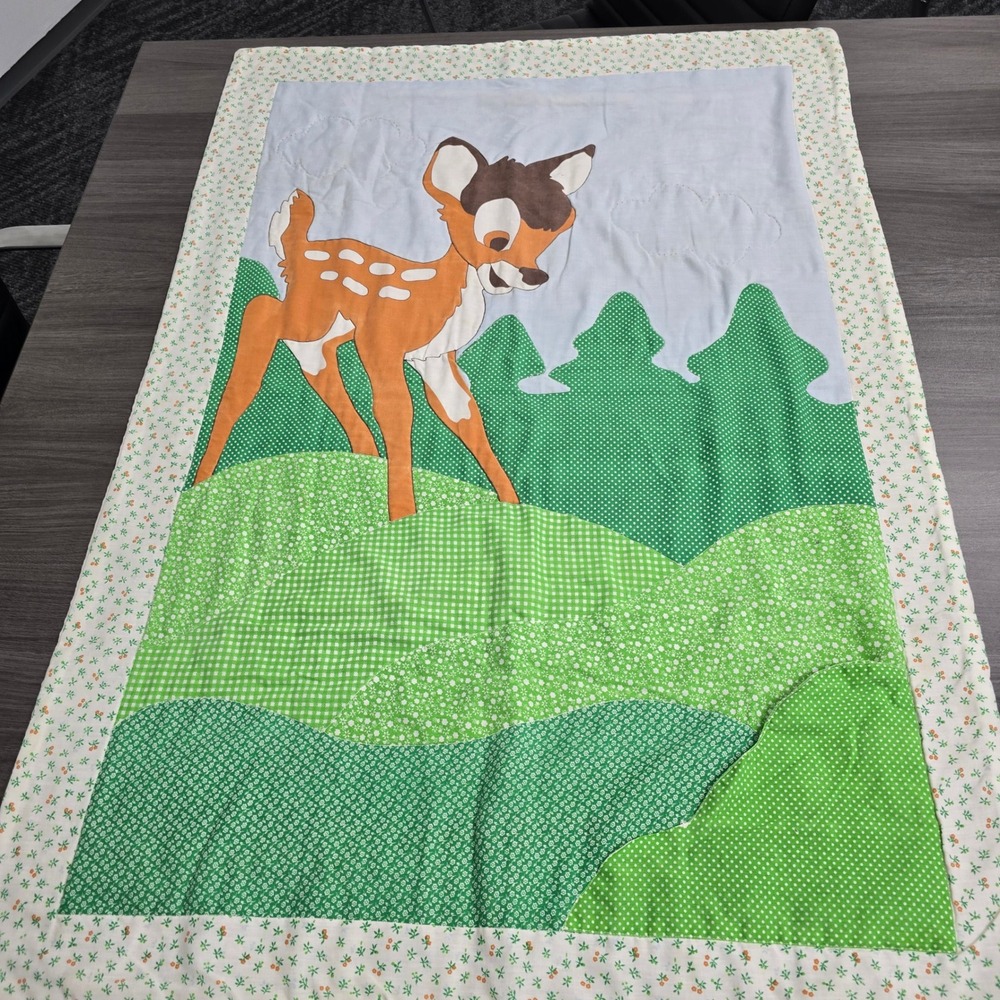 Vintage Handmade Baby Quilt Deer Fawn Woodland Green Gingham Polka Dot 30x44